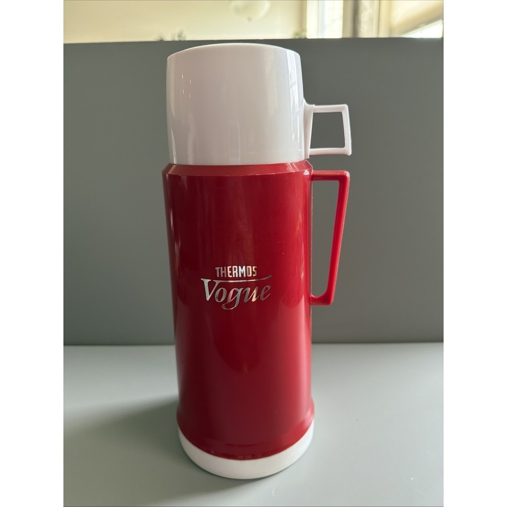 Vintage 1970s 3 Piece Retro Thermos "Vogue" Vacuum Flask 1.02 Litre Red White